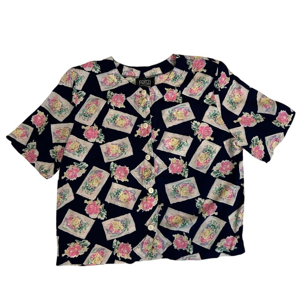 Vintage Fritzi California Navy Blue Floral Button-Up Blouse - Size Large